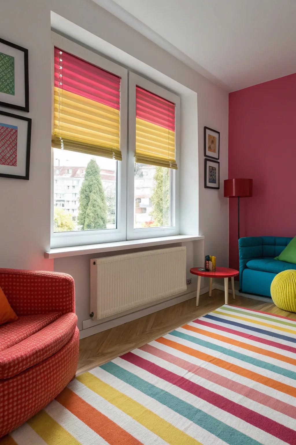 Color-blocked window coverings impart a contemporary, cutting-edge highlight.