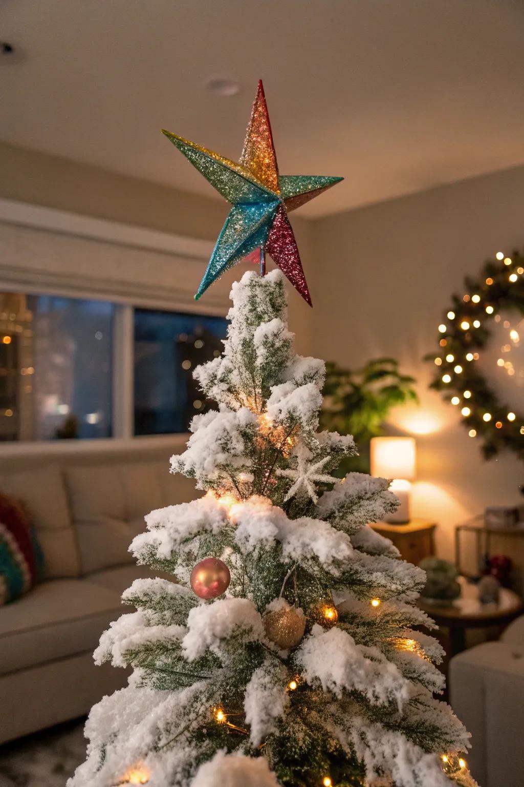 An unconventional tree peak adding a unique and personal touch to a snowy Christmas tree.