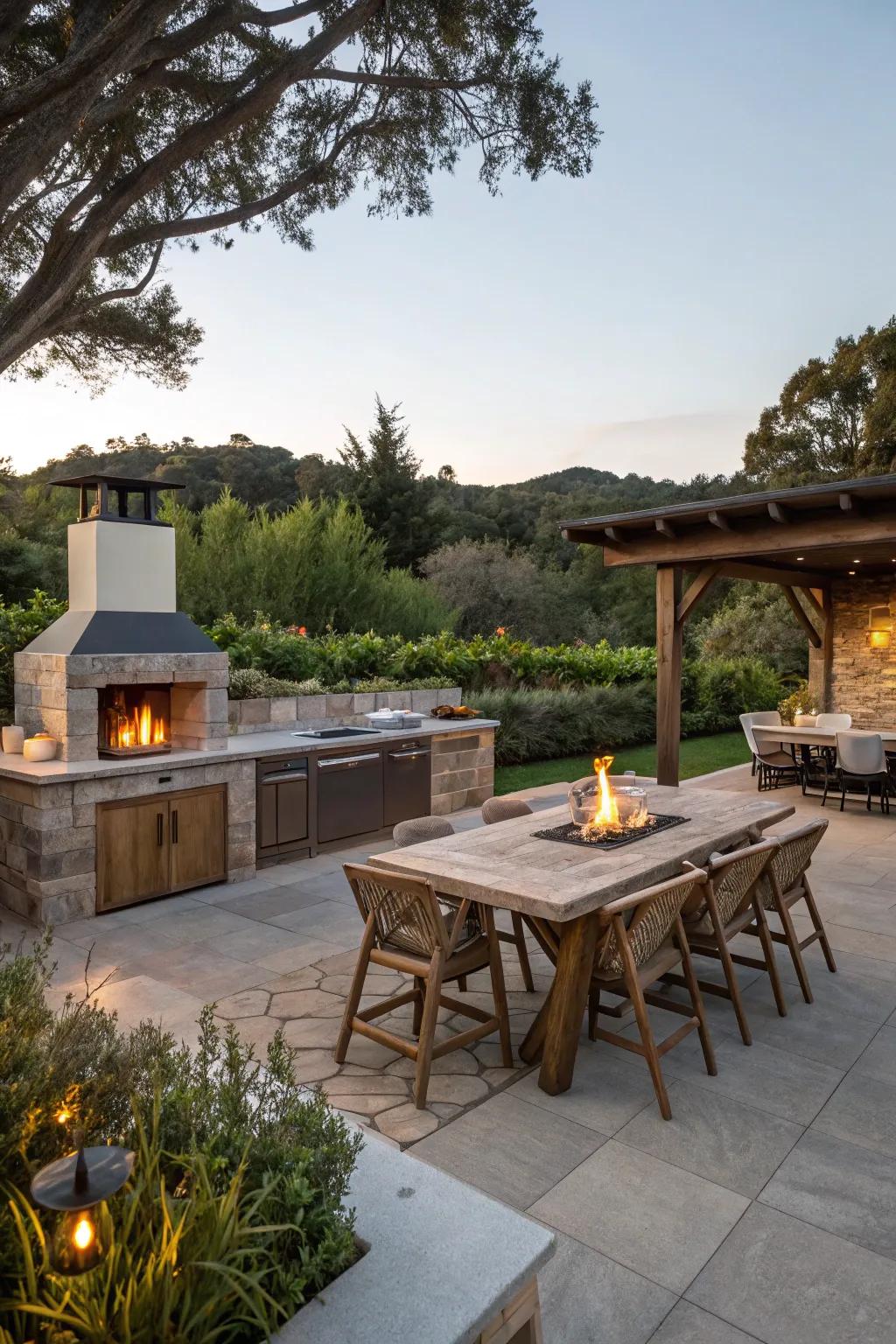 A warm fire pit adds ambiance and a gathering point to this inviting open-air cooking area.