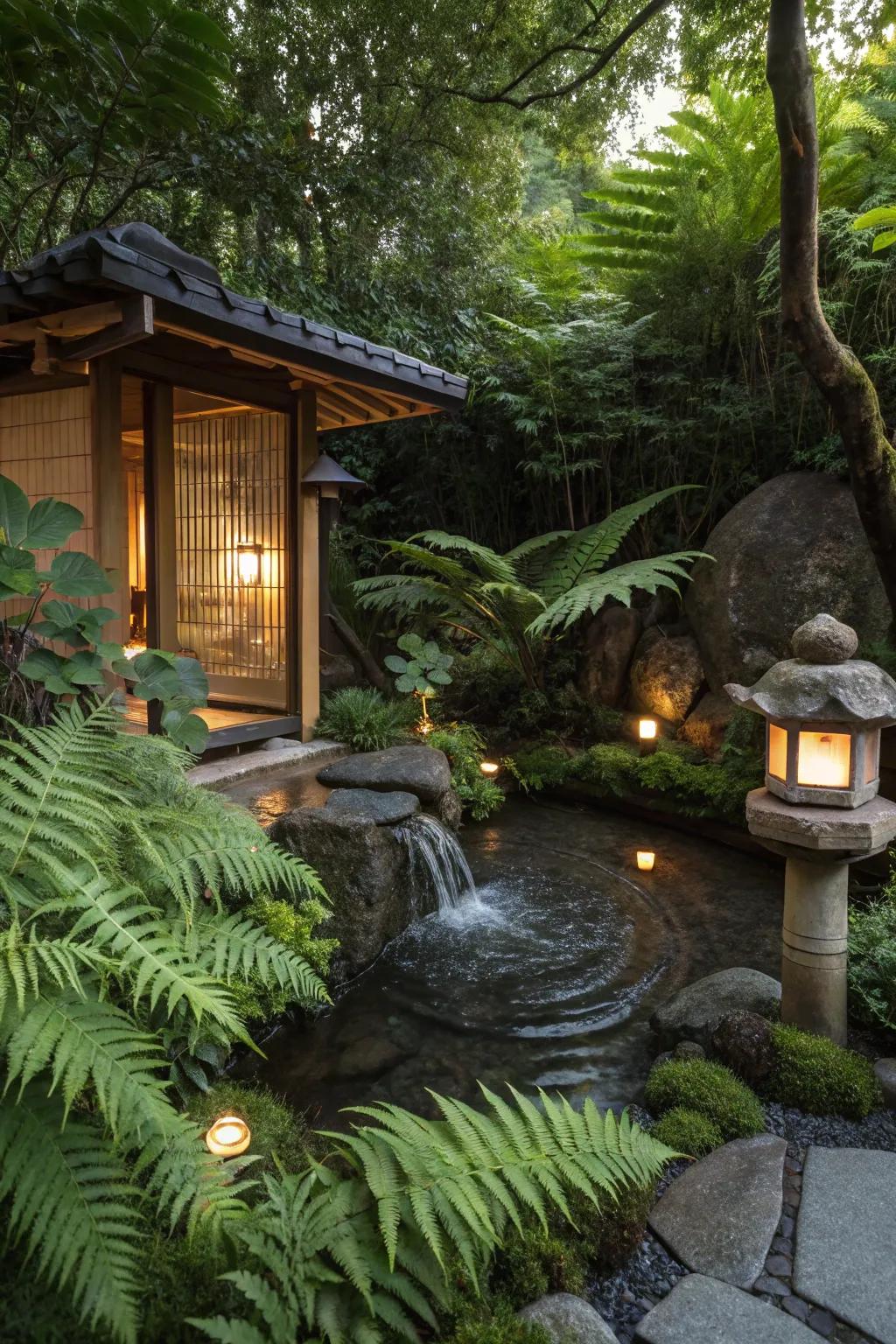 A meditation space with calming plants offers a serene space for relaxation.