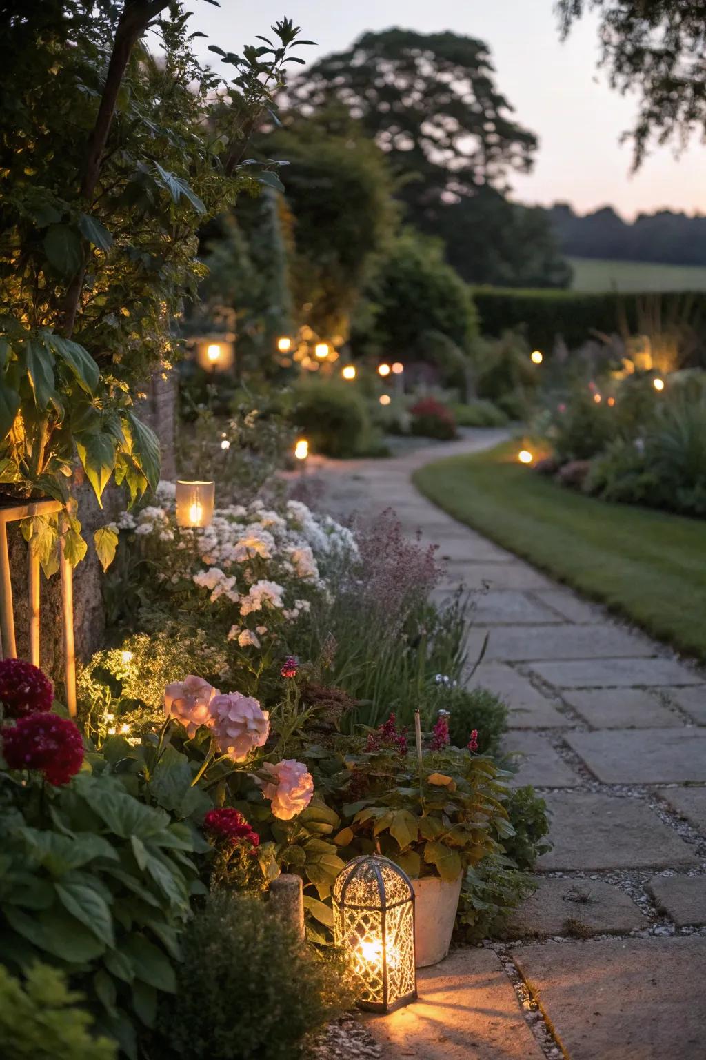 Garden illumination enhancing twilight charm.