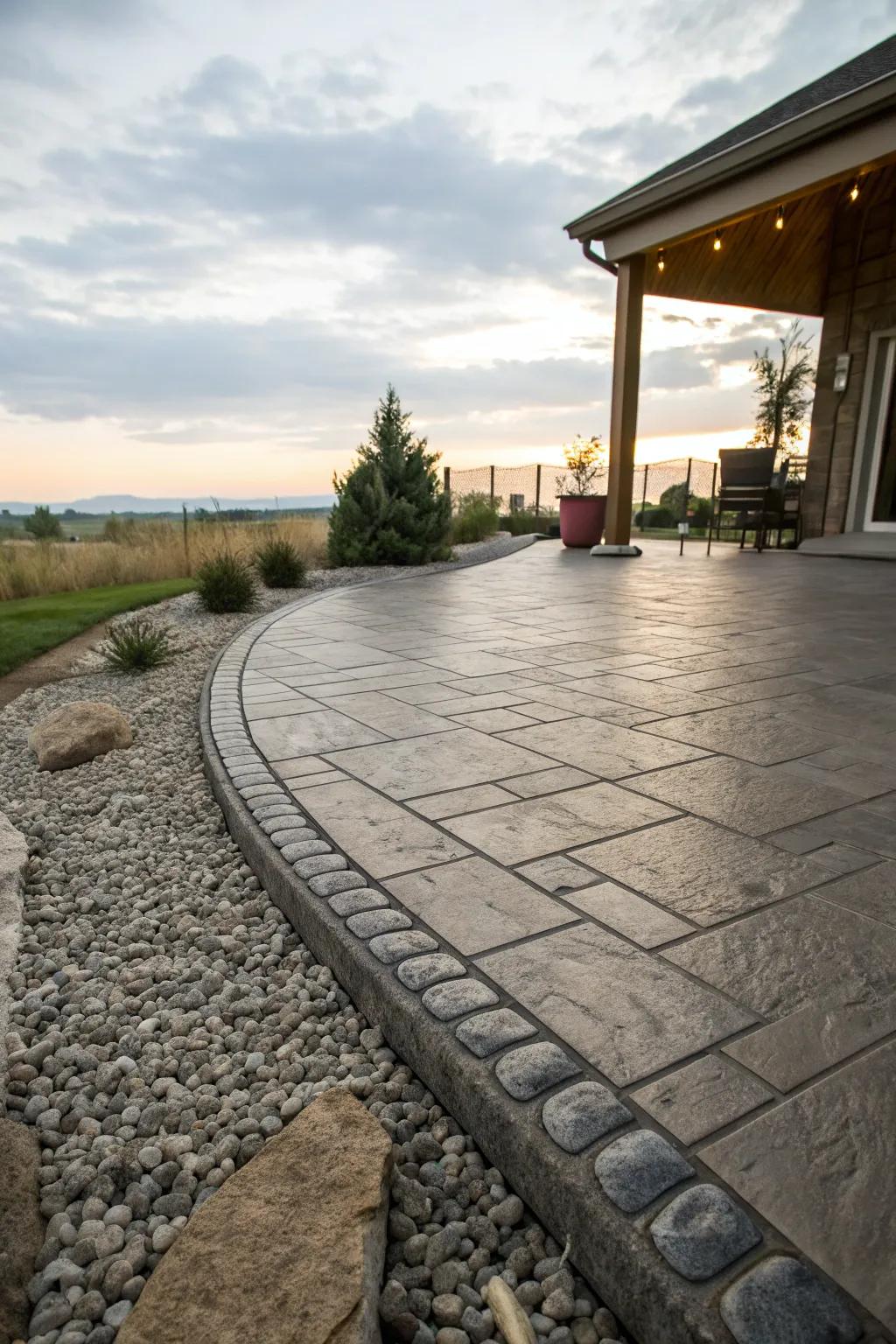 A stamped concrete patio outlined with graceful native rock borders.