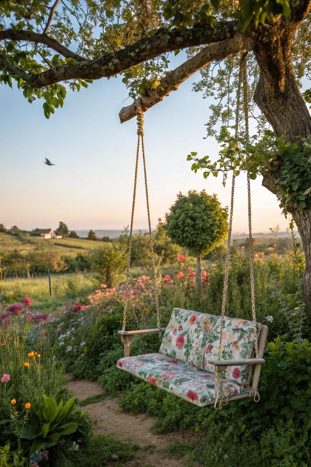 A swing made from reclaimed materials showcases eco-friendly creativity.
