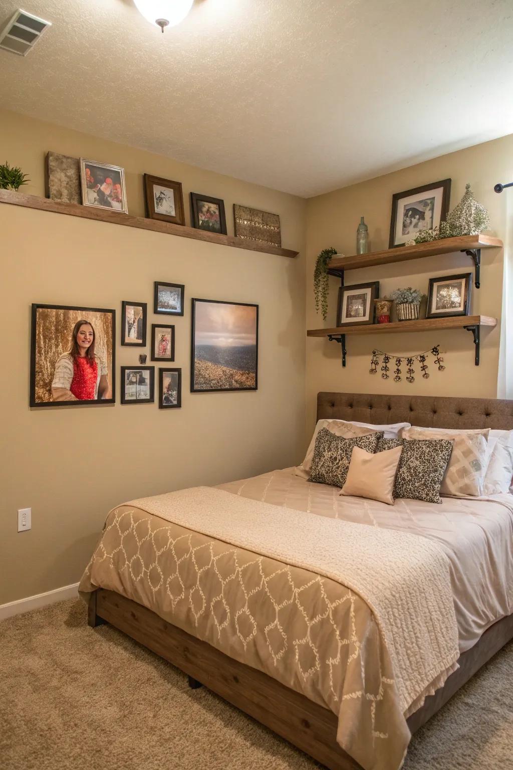 Customized decorations fashion the tan room to feel uniquely individual.