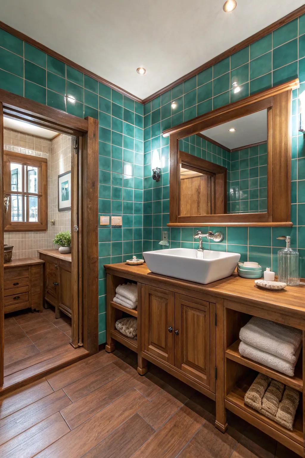 Teal tiling and wood tones unite for a rustic yet contemporary sensation.
