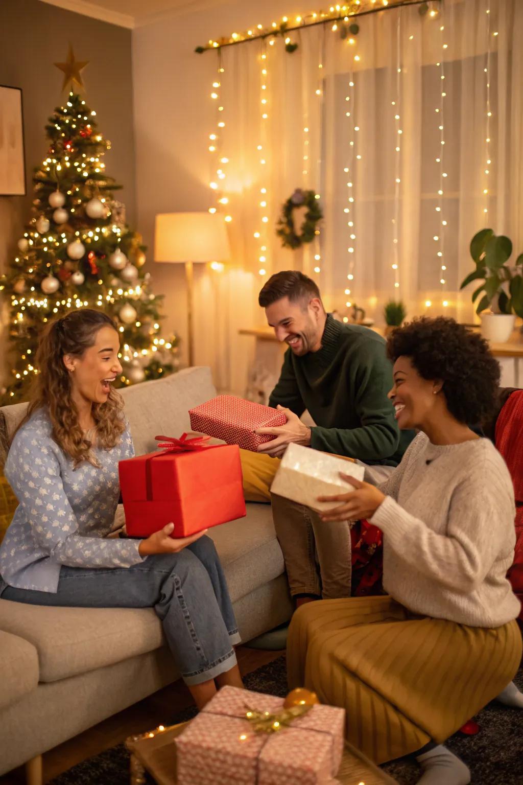 The joy of giving at a surprise gift swap.