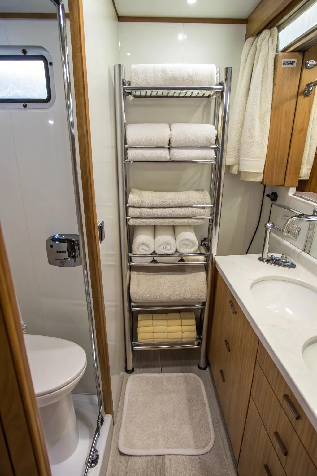 Use storage efficiently with a tiered towel hanger, great for keeping towels tidy and easy to get to.