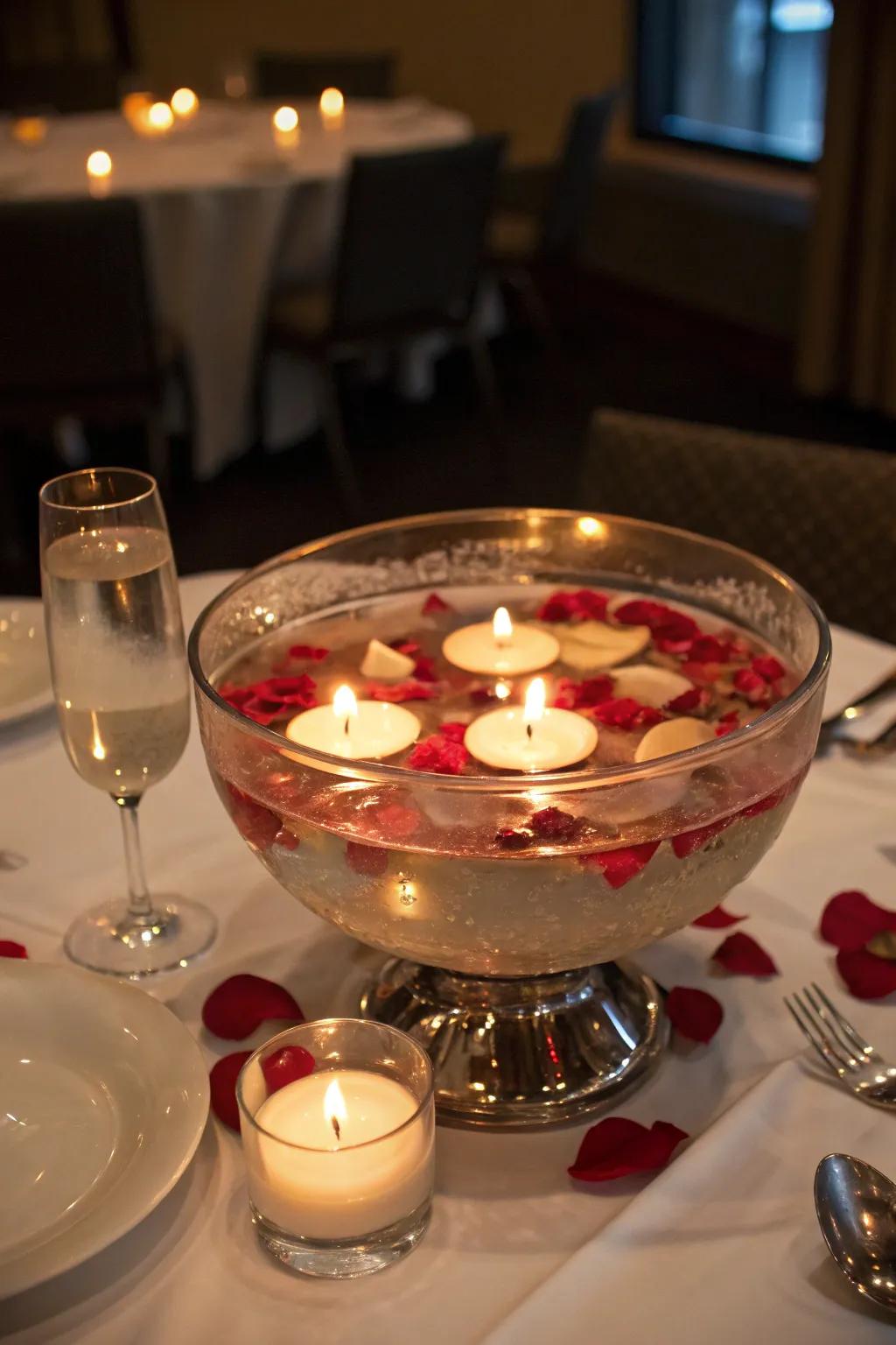 A glass bowl using water and lights to have scene of calm