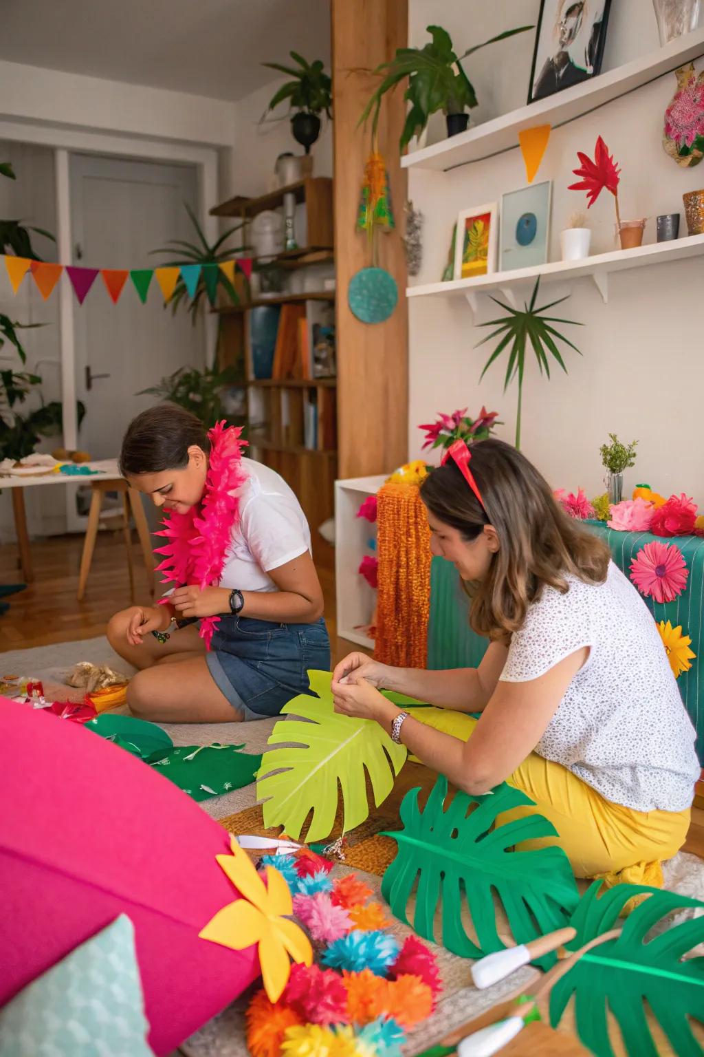 A tropical-themed craft workshop with companions.