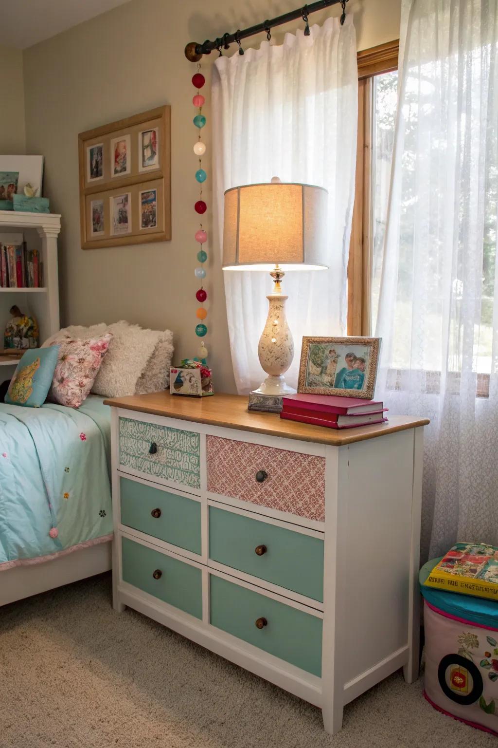 Upcycled furniture brings unique charm and eco-consciousness to a tween's room.