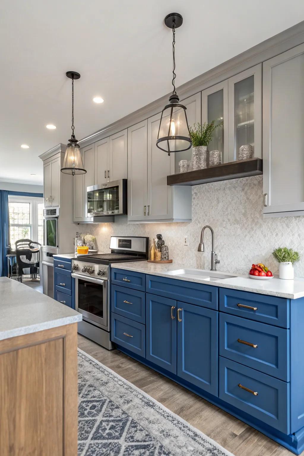 A daring sapphire and gray kitchen for a contemporary flair.