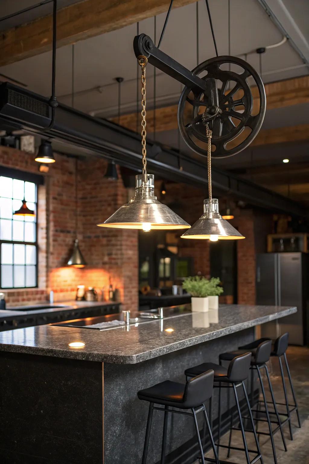 Industrial sharpness via a pulley hanging lamp.