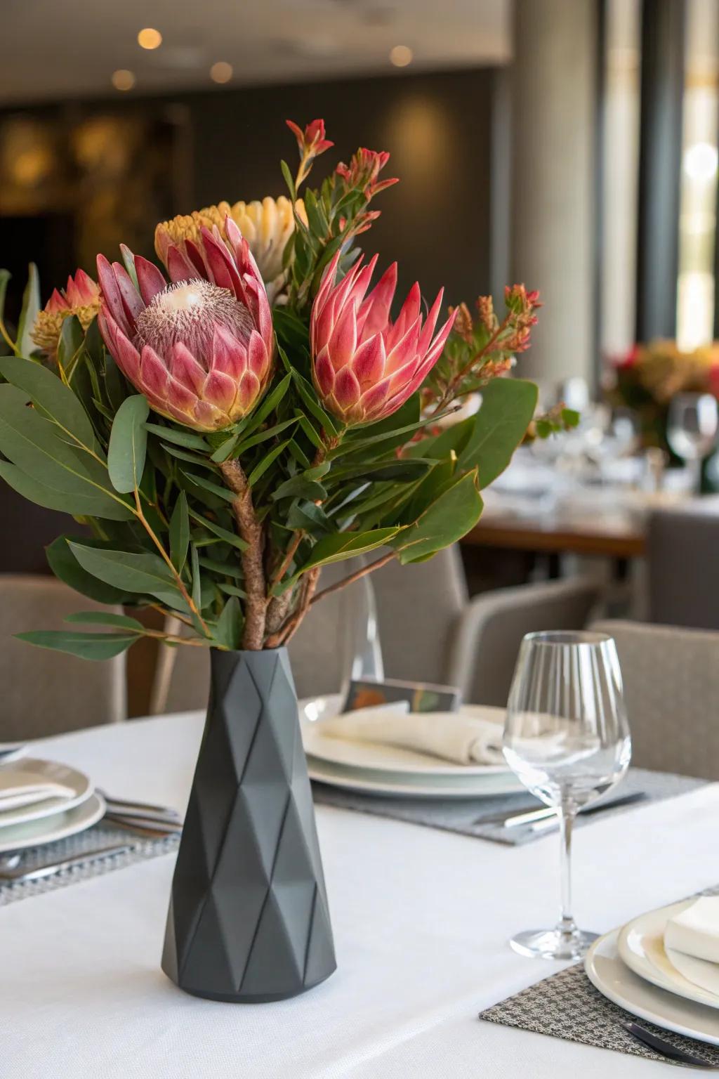 Audacious protea centerpiece generating a striking consequence.