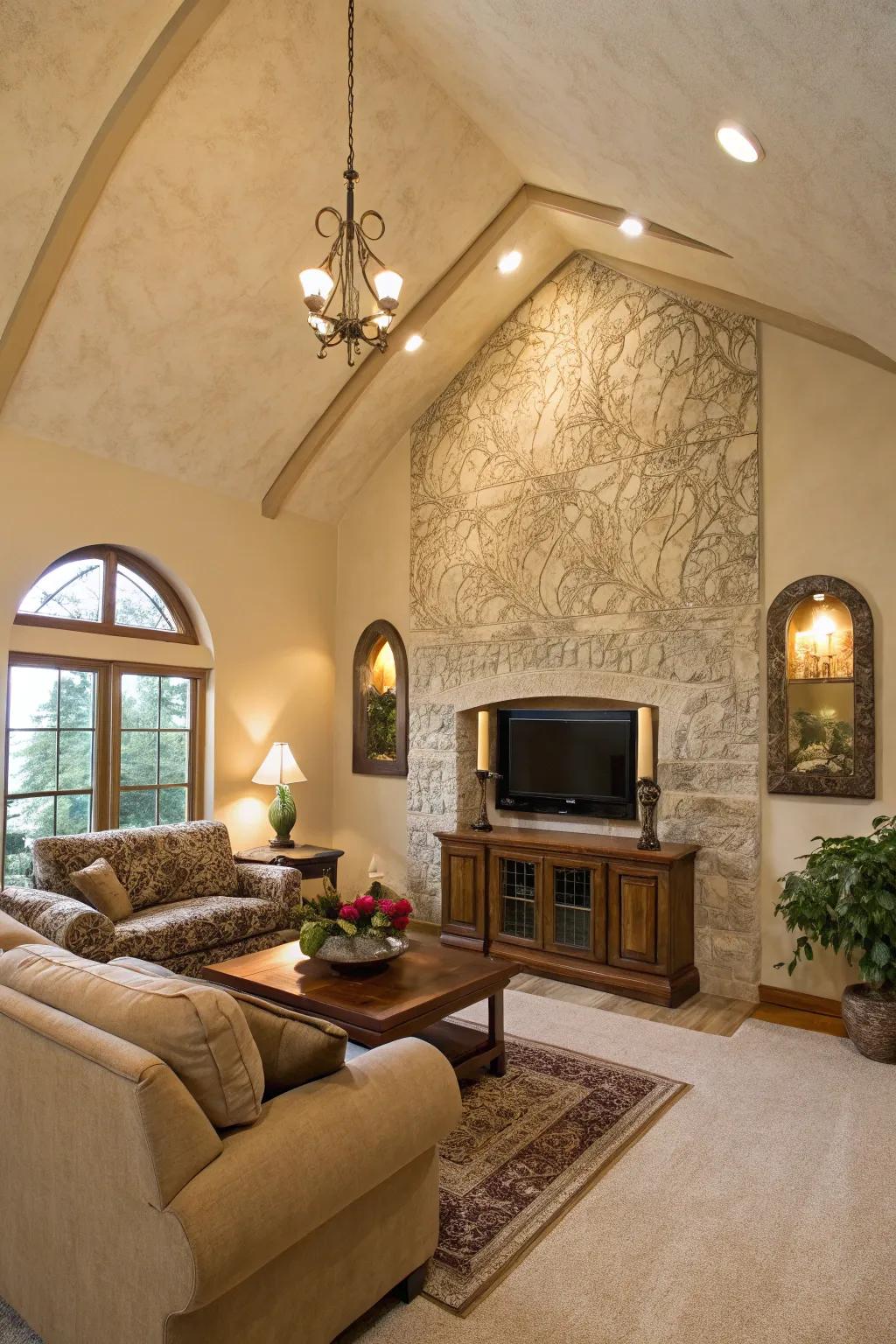 Living room featuring a vaulted ceiling and plaster textured accent wall