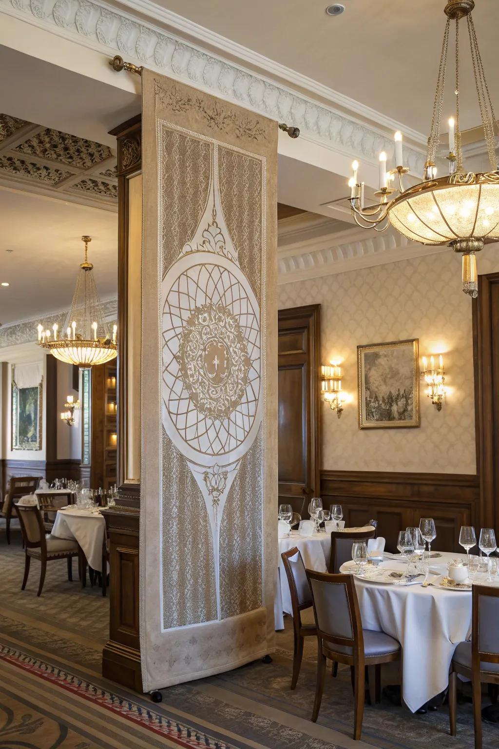 A 3D texture display adds luxury and richness to a sophisticated dining area.