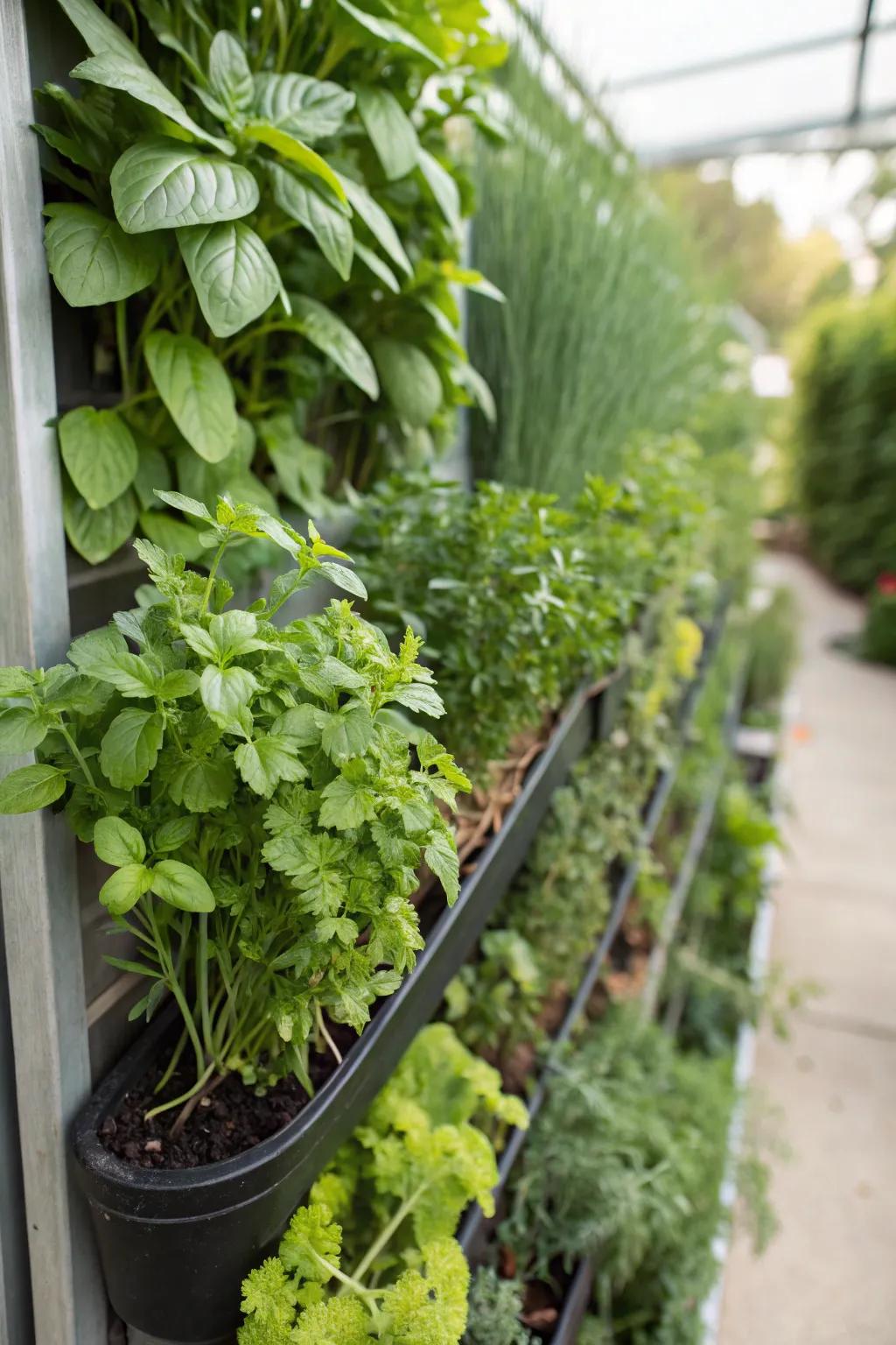 An upright herb garden proffering fresh flavors directly from the wall.