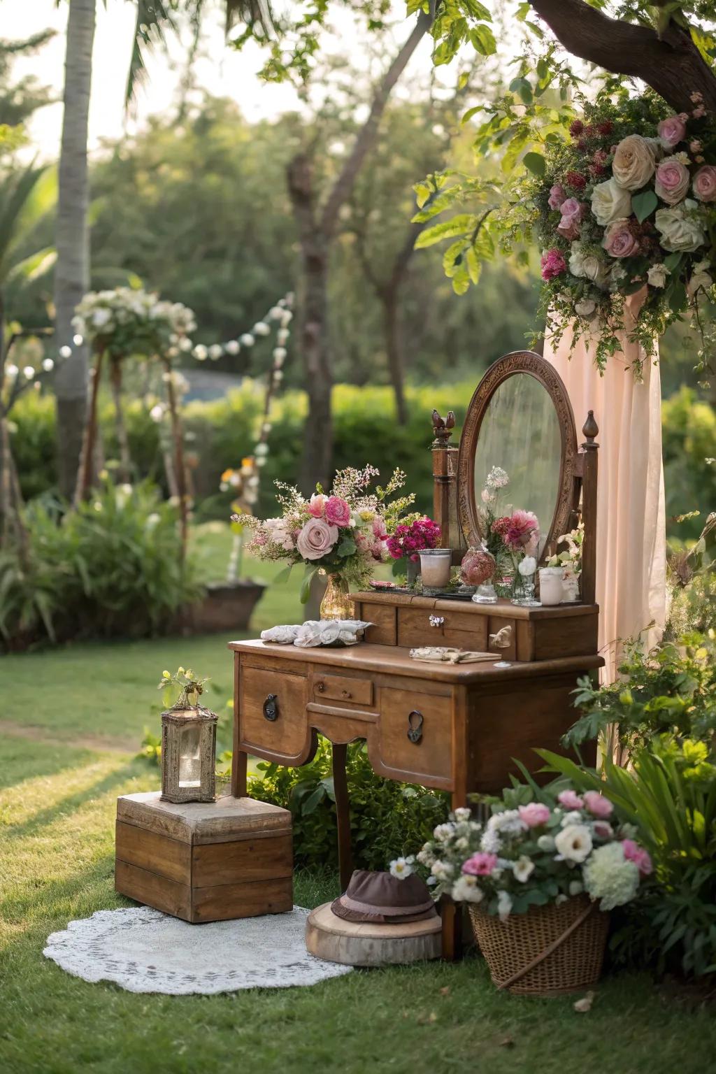 An outdoor vanity setup adds a unique and elegant retreat in your garden.