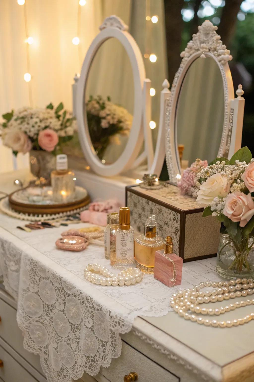 A vintage vanity exhibit featuring mirrors and perfumes at a wedding.