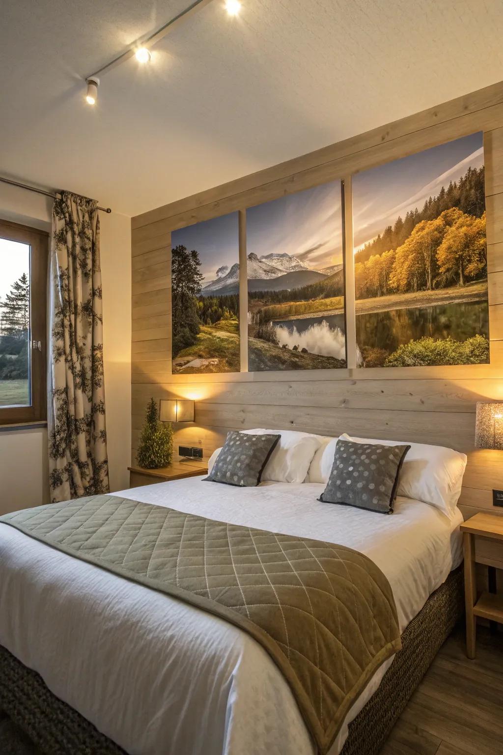 Nature pictures give a tranquil escape inside your bedroom.