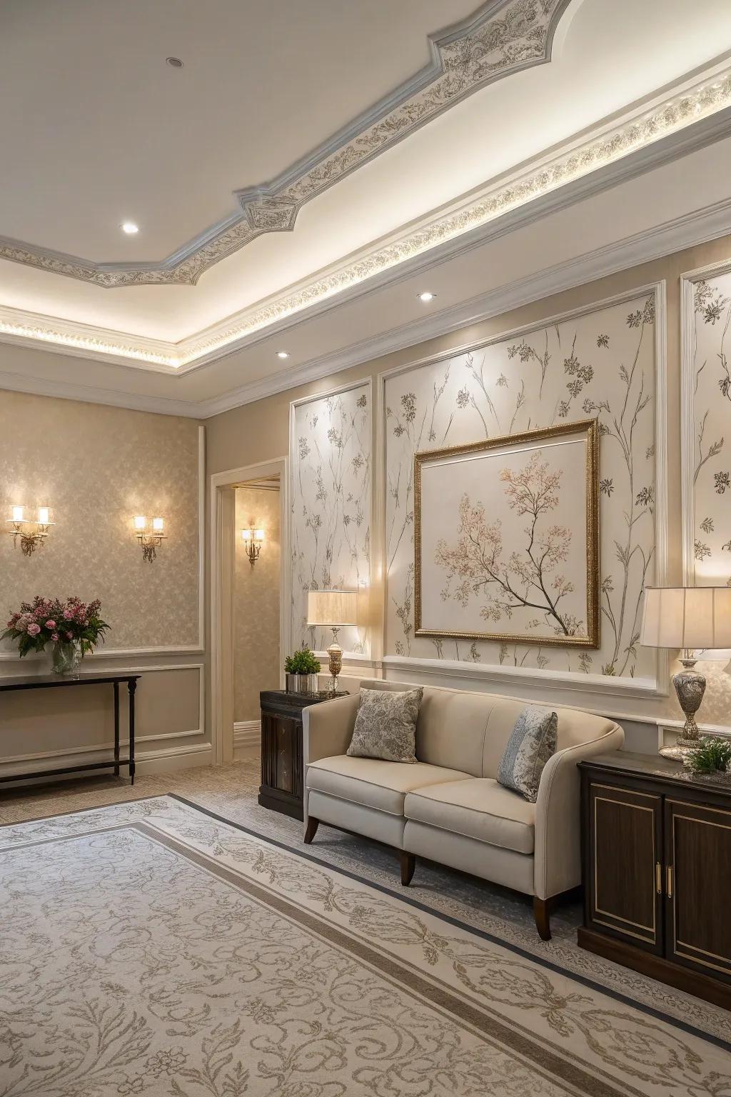An elegant room with a subtle wallpaper edging that enhances the decor.
