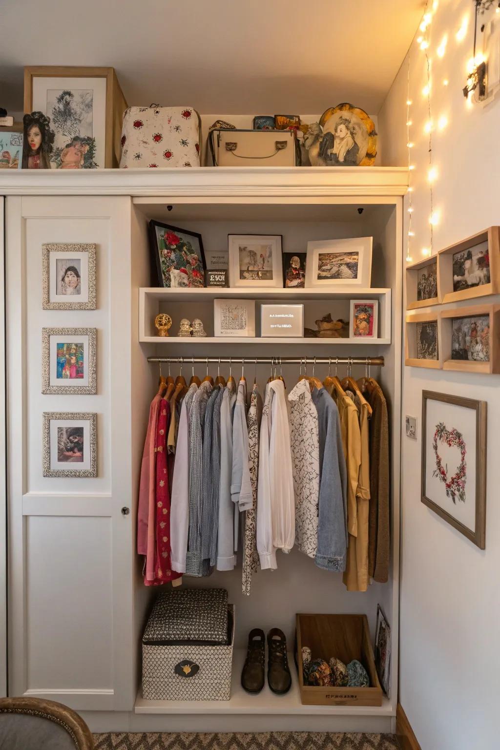 Artwork adds a personal and aesthetic touch to wardrobe spaces.