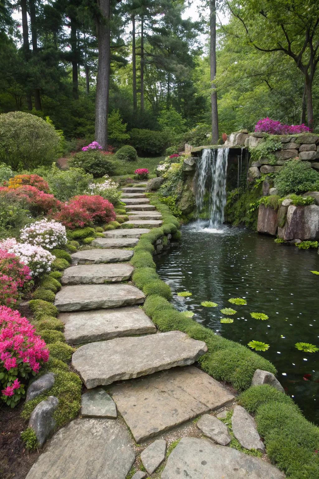 A playful stone pathway directing to a charming garden waterfall.