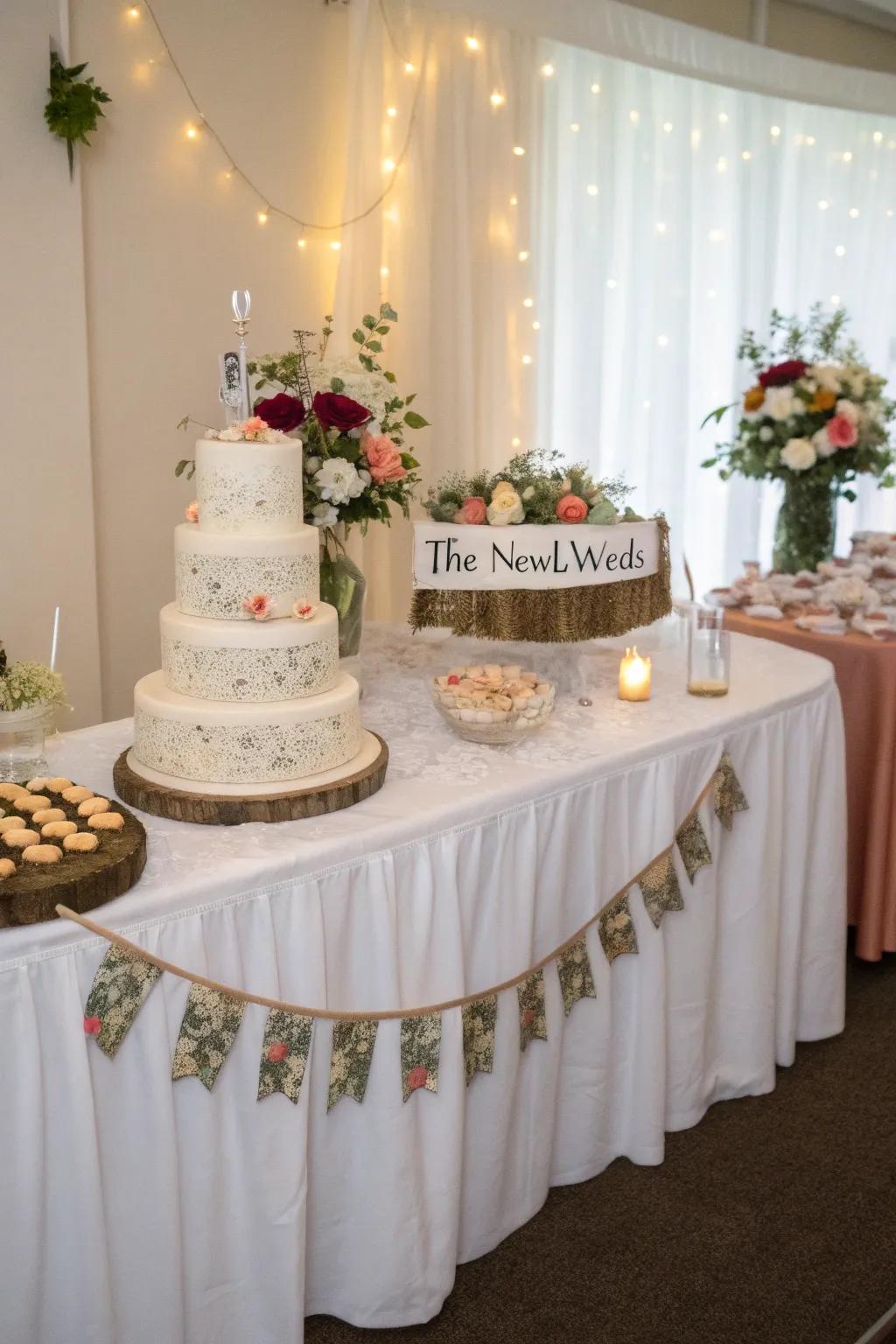 A personalized sign adding charm to the wedding cake display.