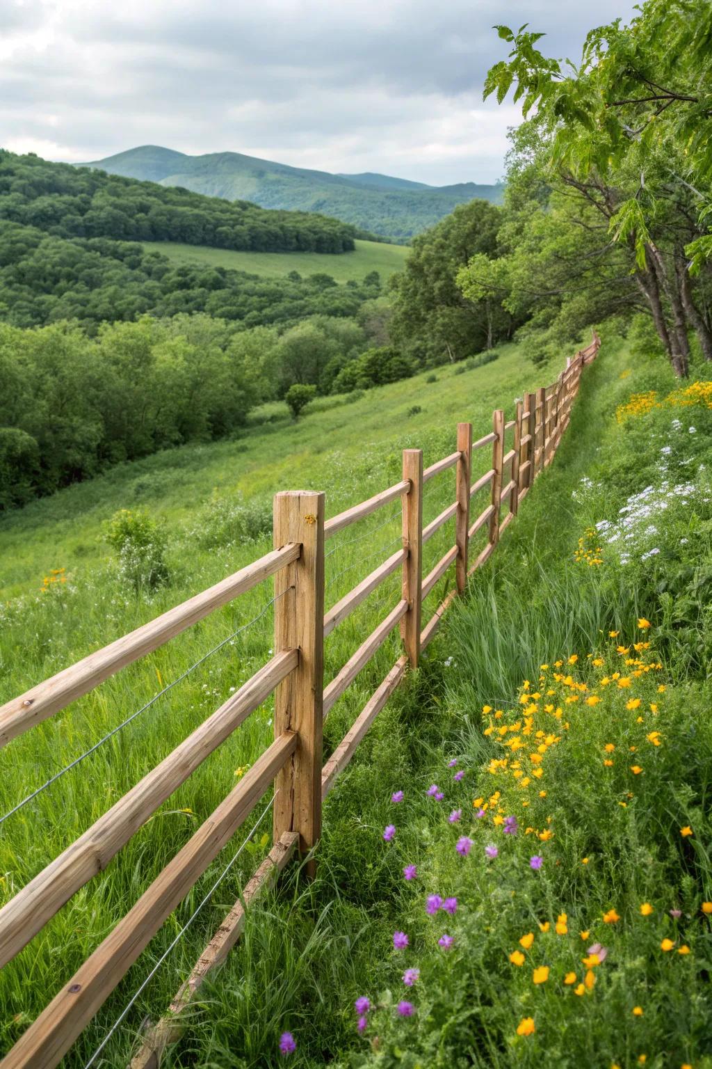 An eco-conscious fence exhibiting sustainable materials in a lush setting.