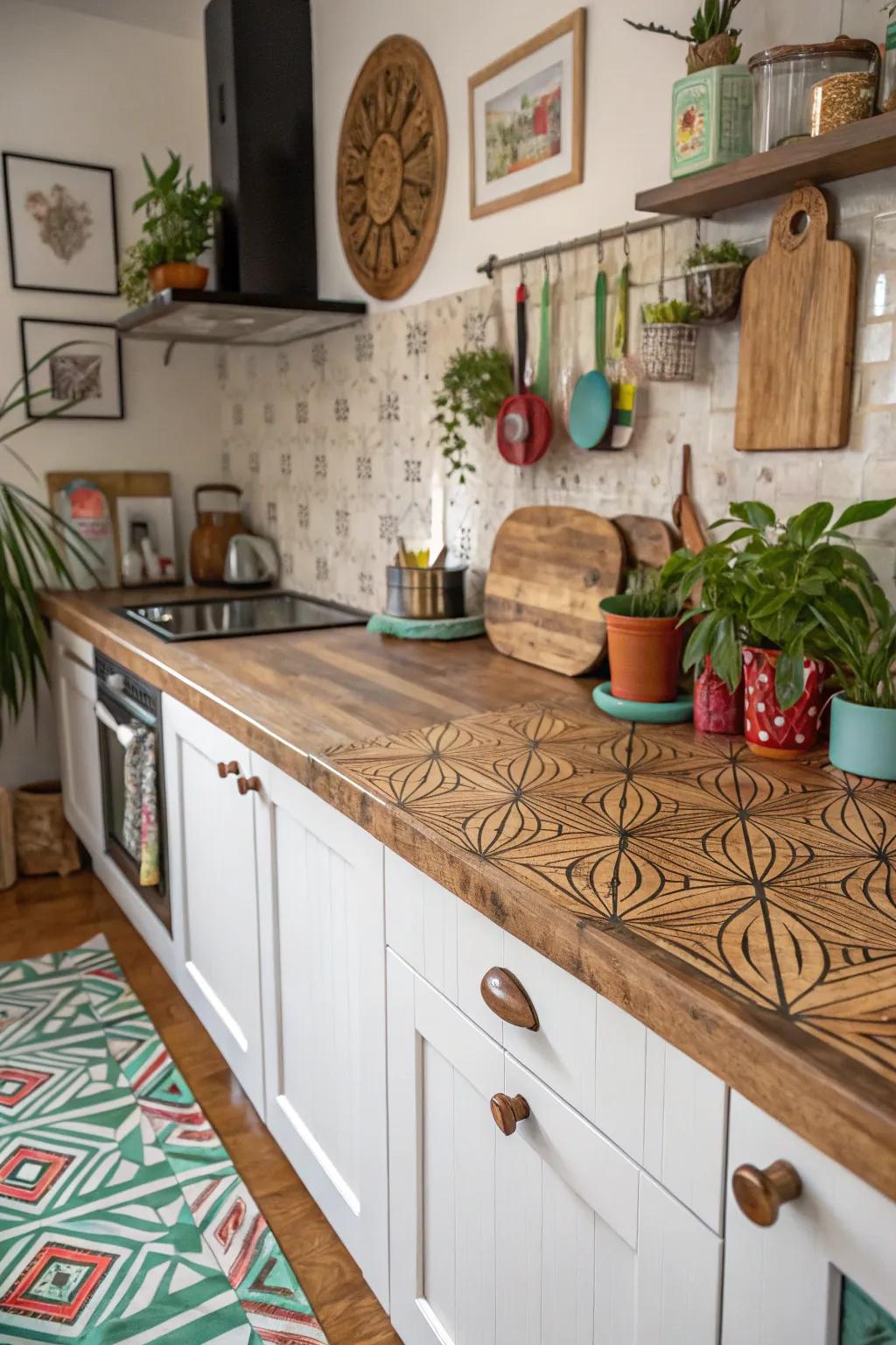 Patterned wood countertops offering a singular and playful design.