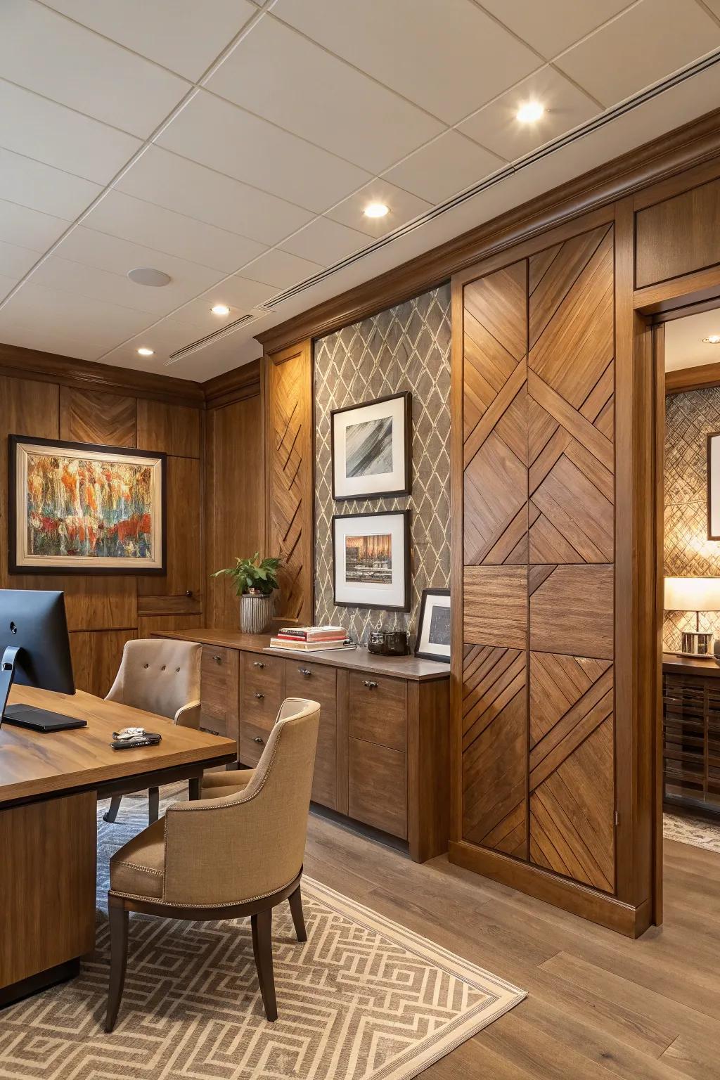 Layered textures on wood panels craft a space that’s dynamic, engaging, and visually stunning.