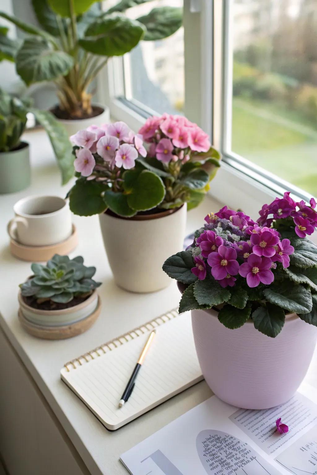 Brighten your office with emerald violets, offering a consistent floral display right at your desk.