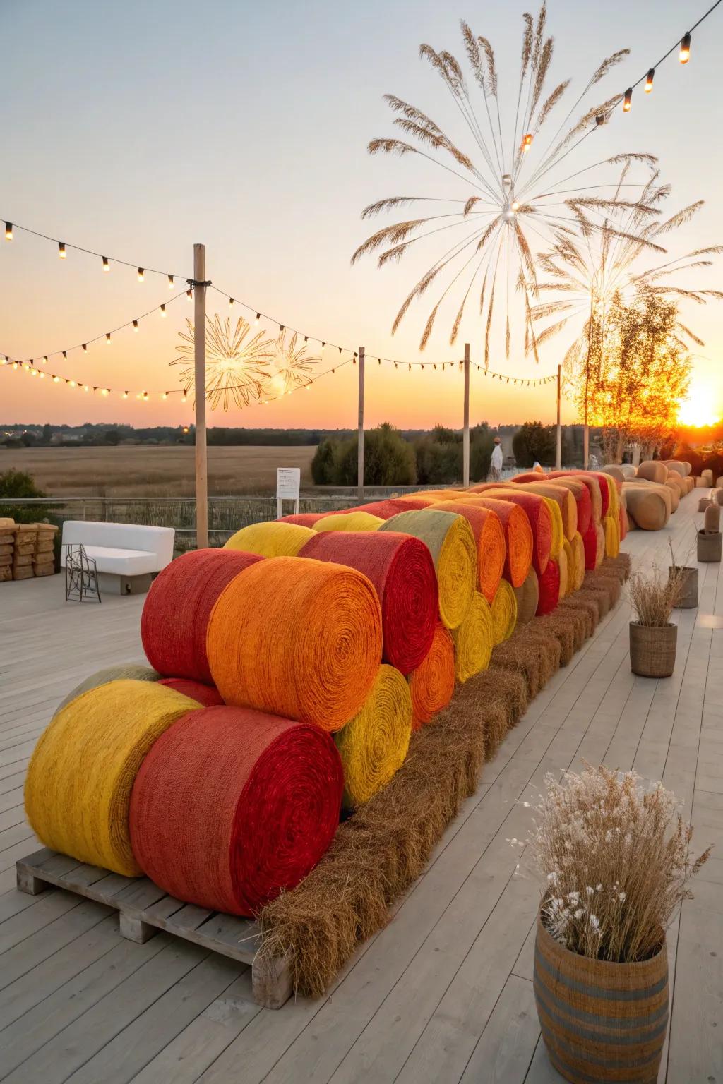 Commemorate ingenuity through hay bales that burst with color and exhilaration like a fireworks display.