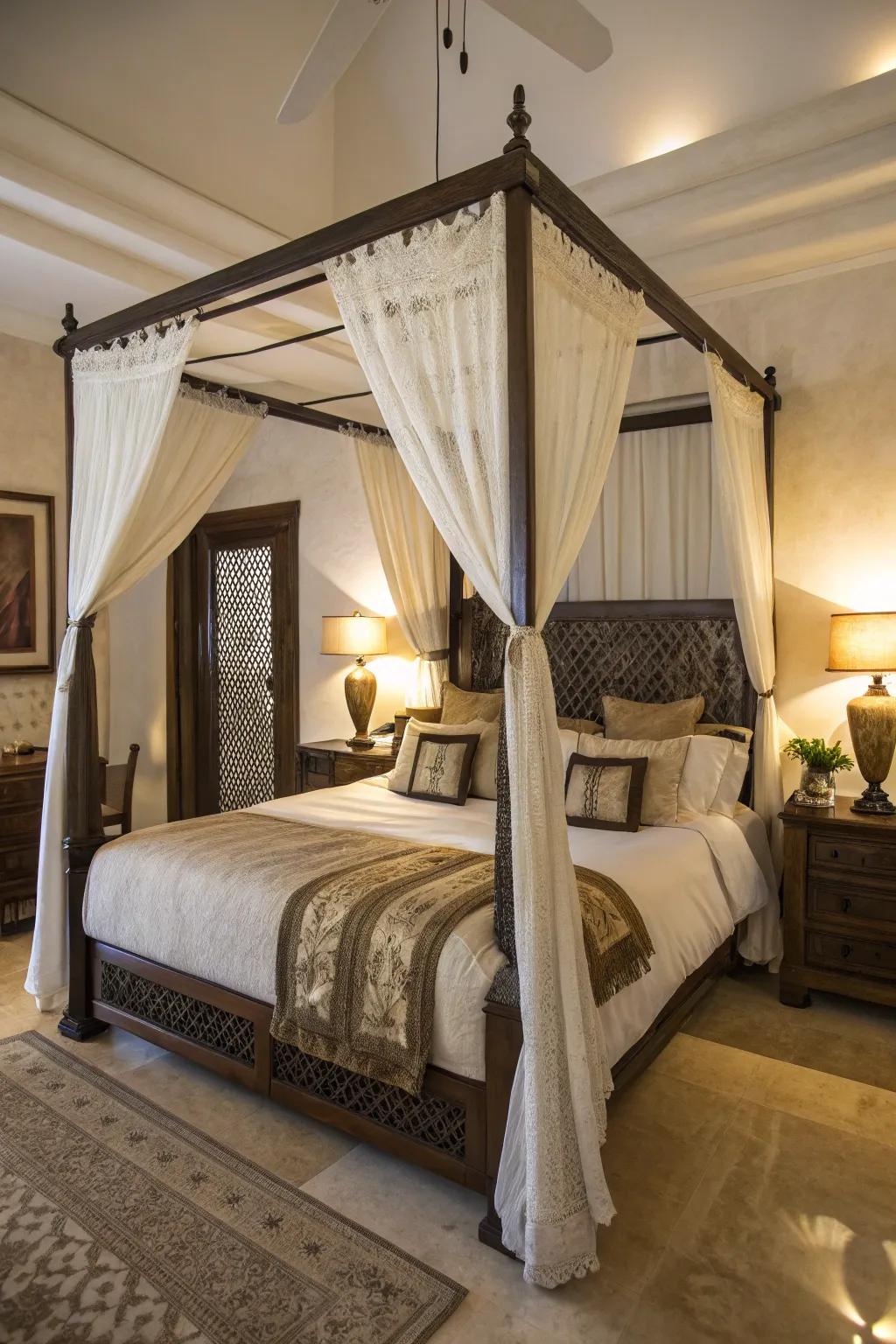 A canopy bed imparts drama and elegance to this fashionable bedroom.