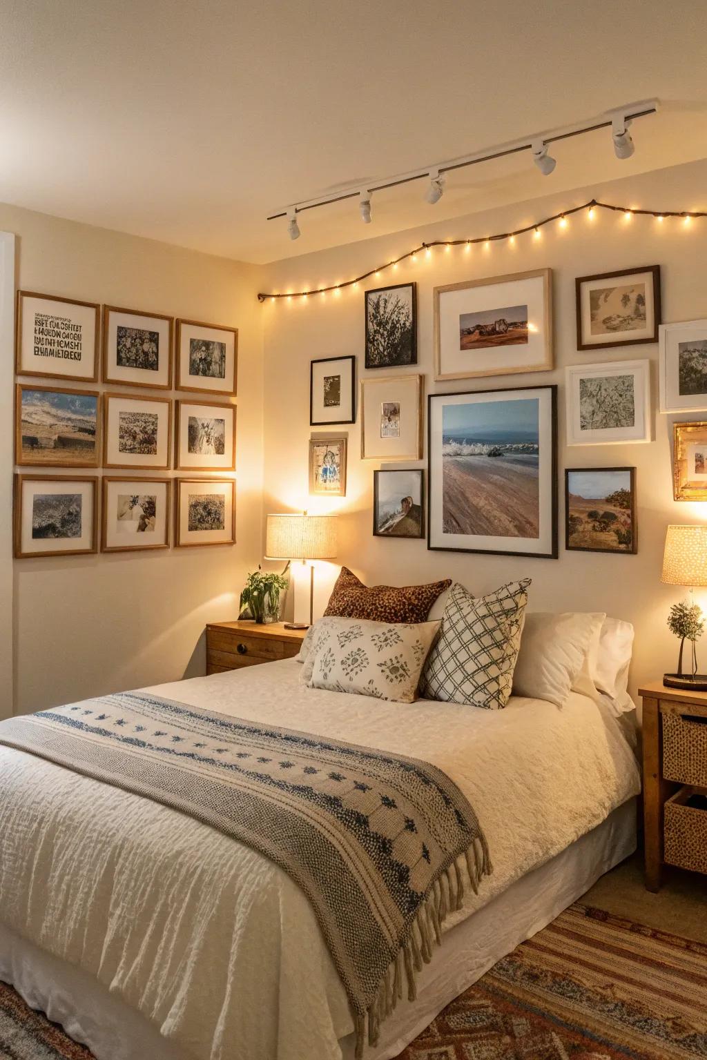 A gallery wall imparts personal flair and storytelling to this bedroom.