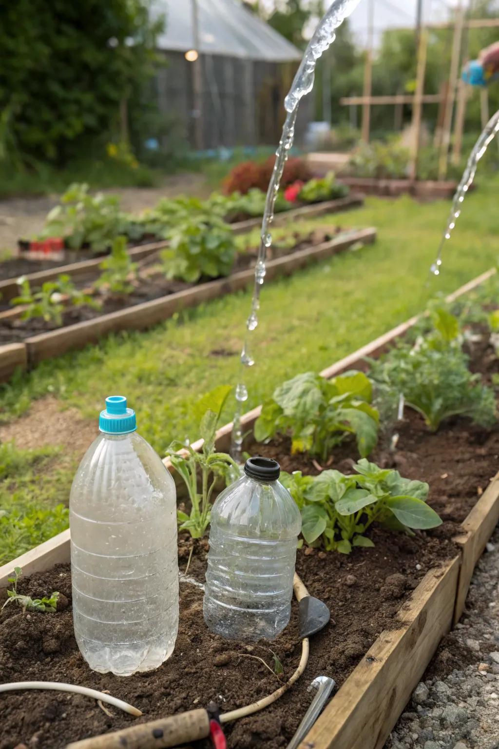 A basic gravity-fed system using reused plastic vessels.