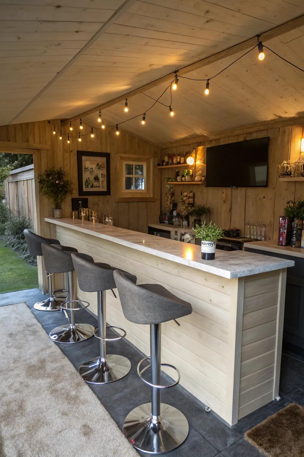 A chic bar setup inside your shed for stylish gatherings.