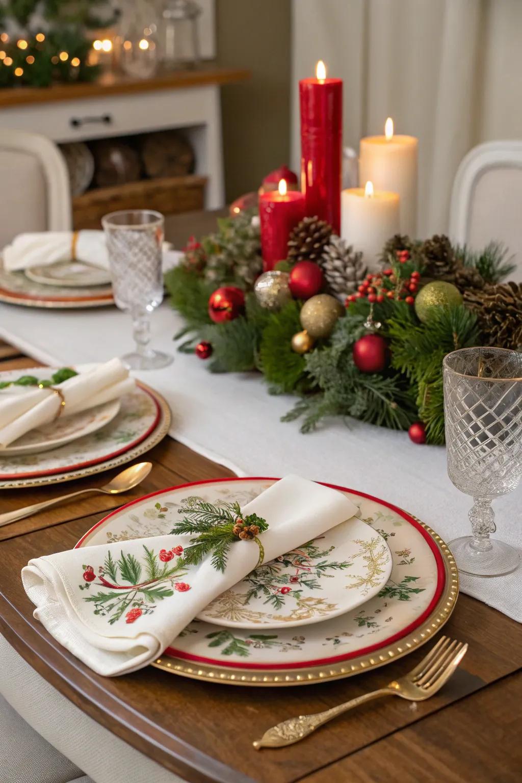 An elegant table arrangement is prepared for a holiday banquet.