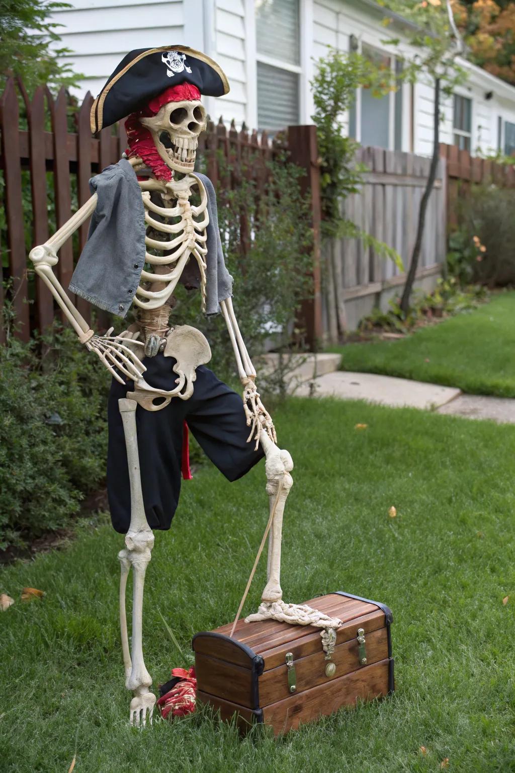 A sea dog-themed skeleton prepared to navigate the Halloween waters.