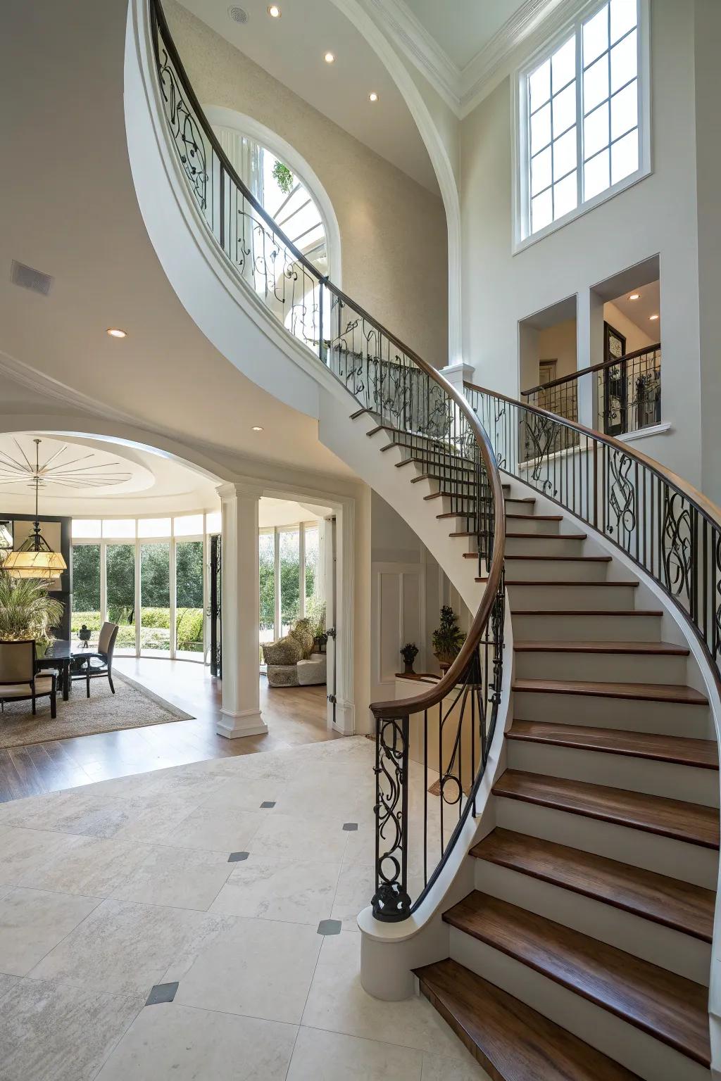 A spectacular staircase design elevates the architectural allure of the entryway.