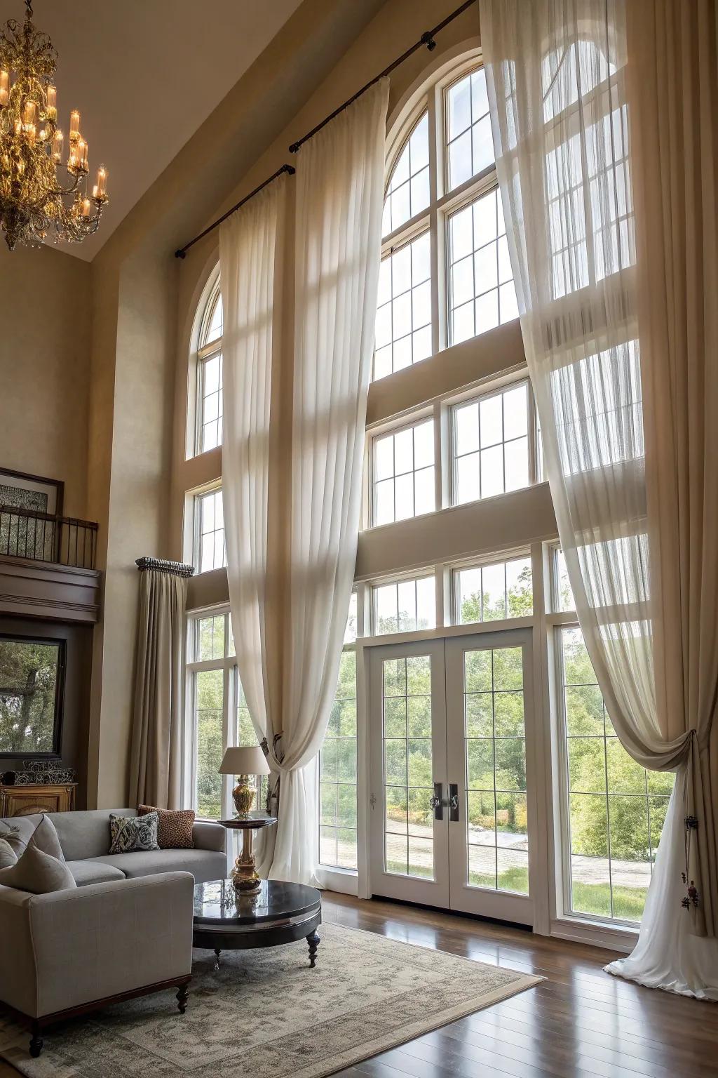 Layered window treatments introduce depth and elegance to soaring windows.
