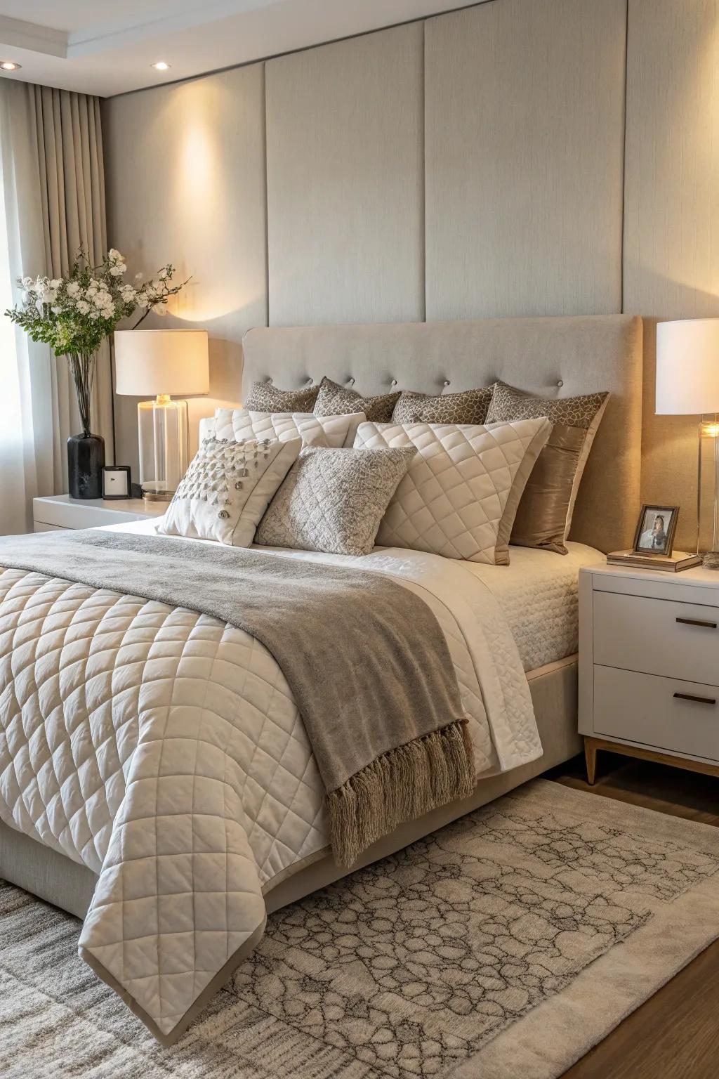Modern bedding with layered textures amplifies comfort and style