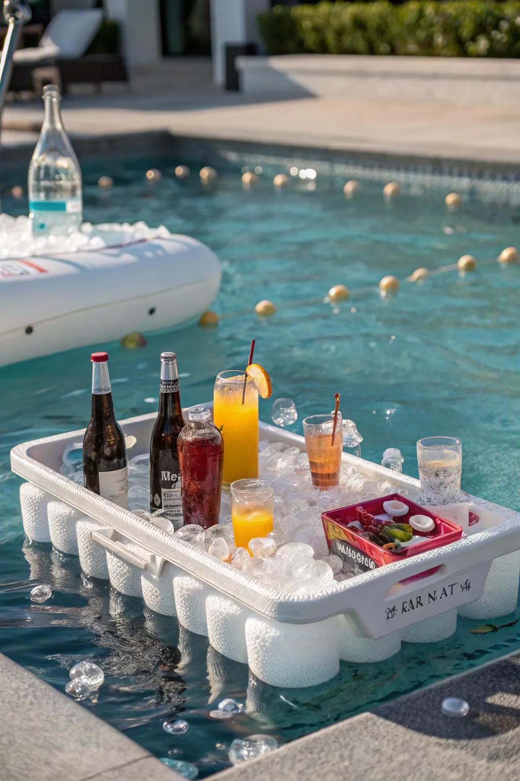 A floating refreshment station keeps drinks handily available as you enjoy the water.