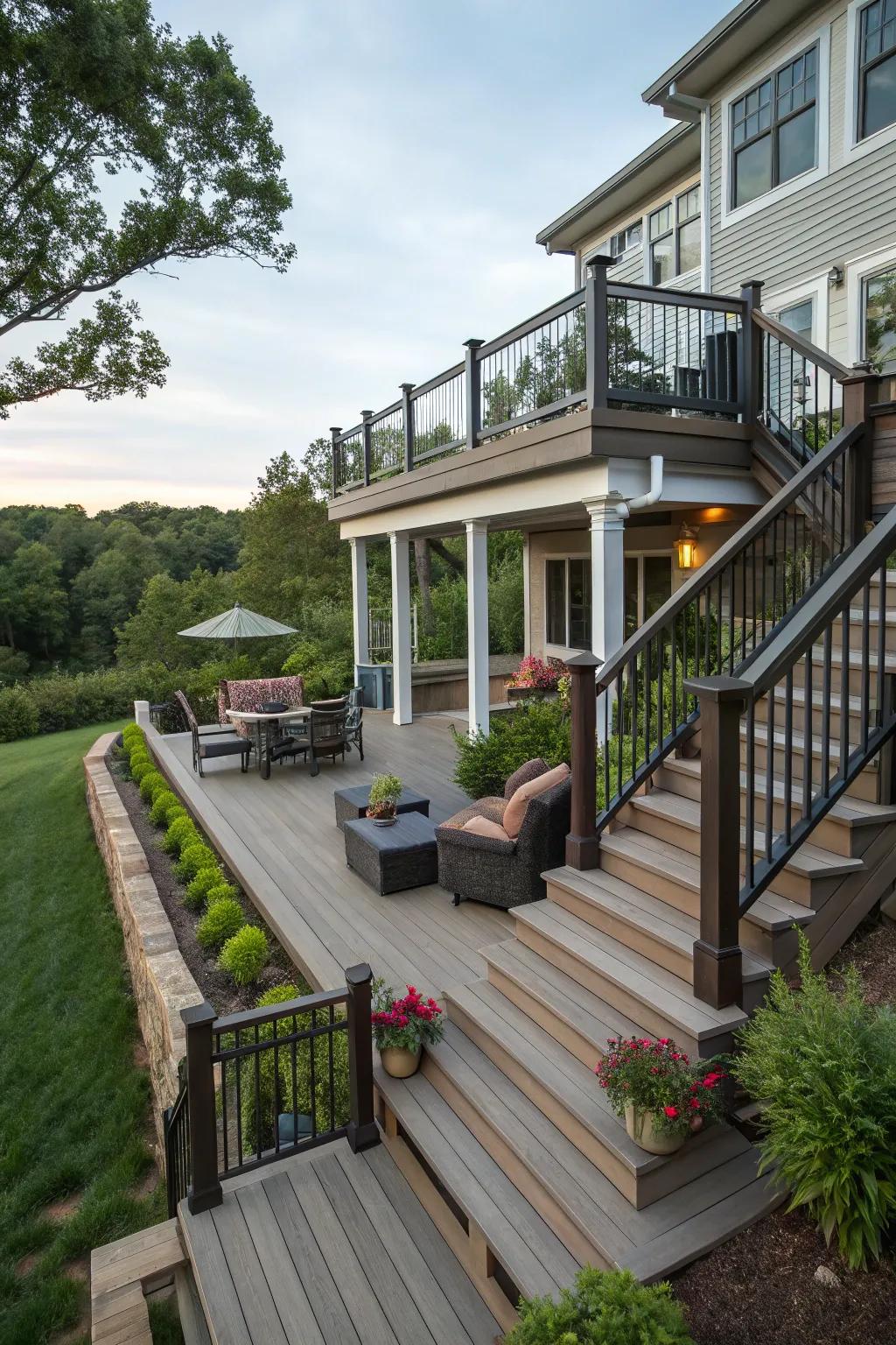 A tiered deck design, showcasing discrete areas for leisure.