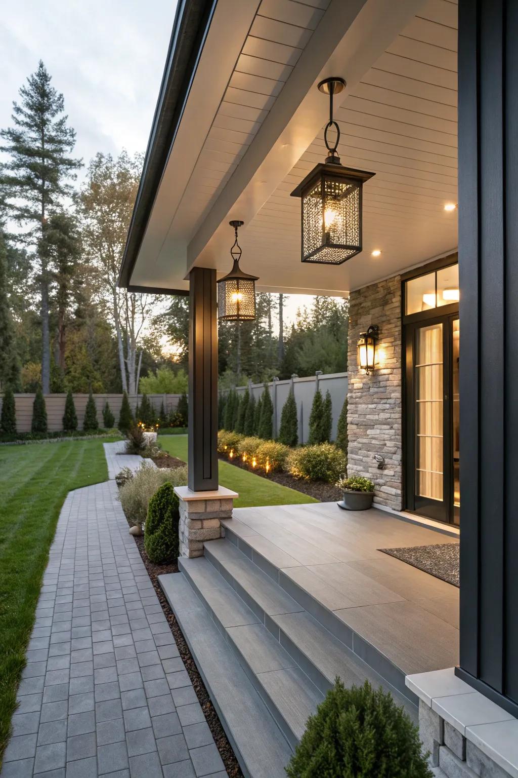 Elegant lighting elevates the modern ambiance of your porch.