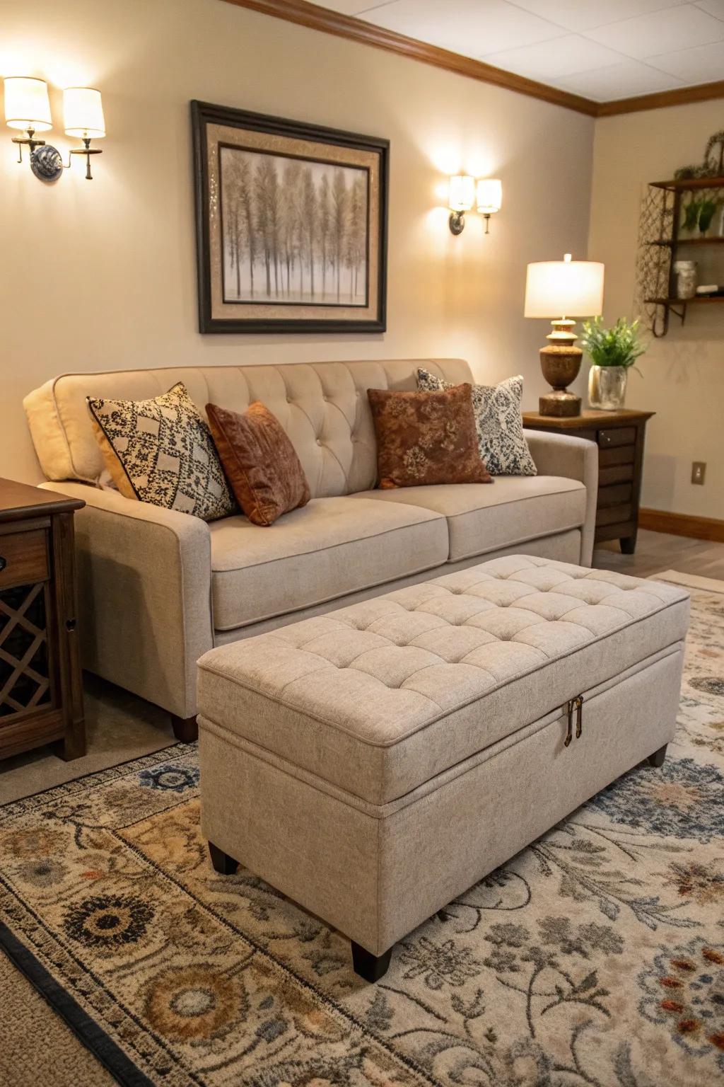 The sofa bed and storage ottoman enhance the functionality of this living room.