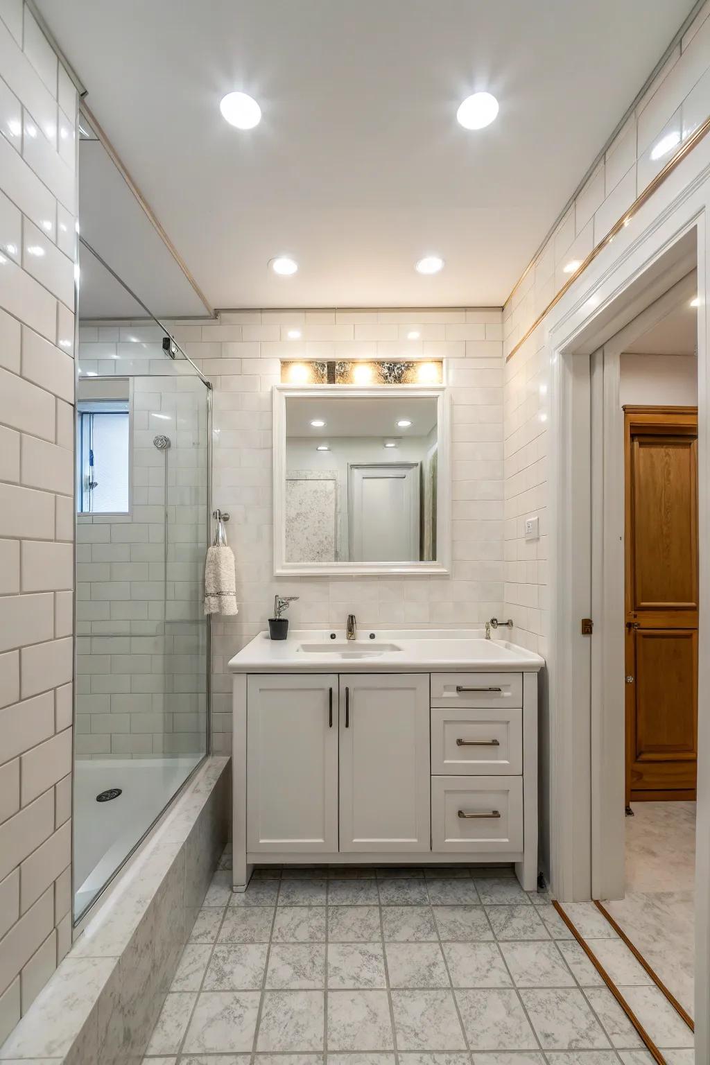 Set-in lighting boosts the atmosphere of a small washroom.