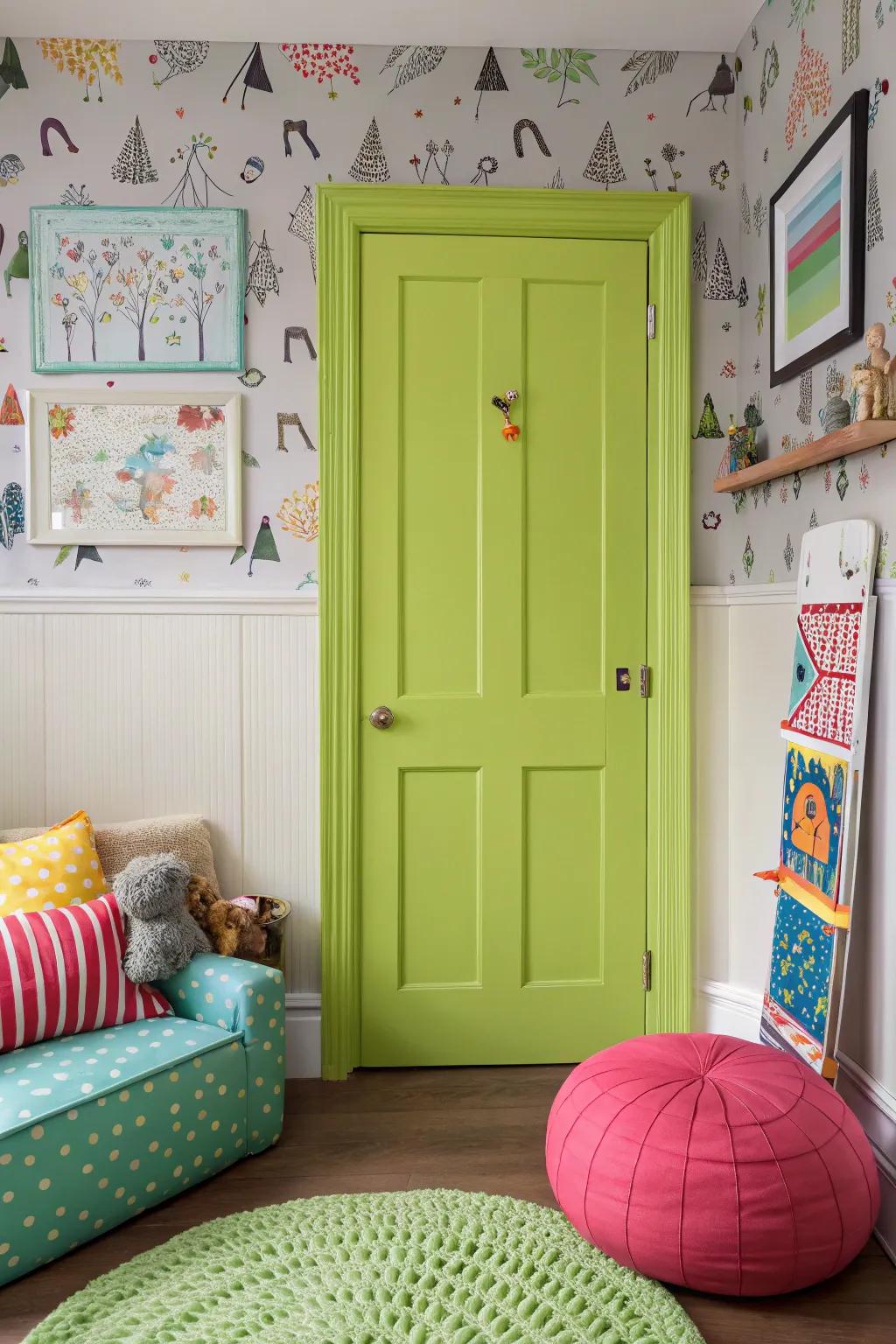 A chartreuse entryway introduces a vibrant flair to this lively space.