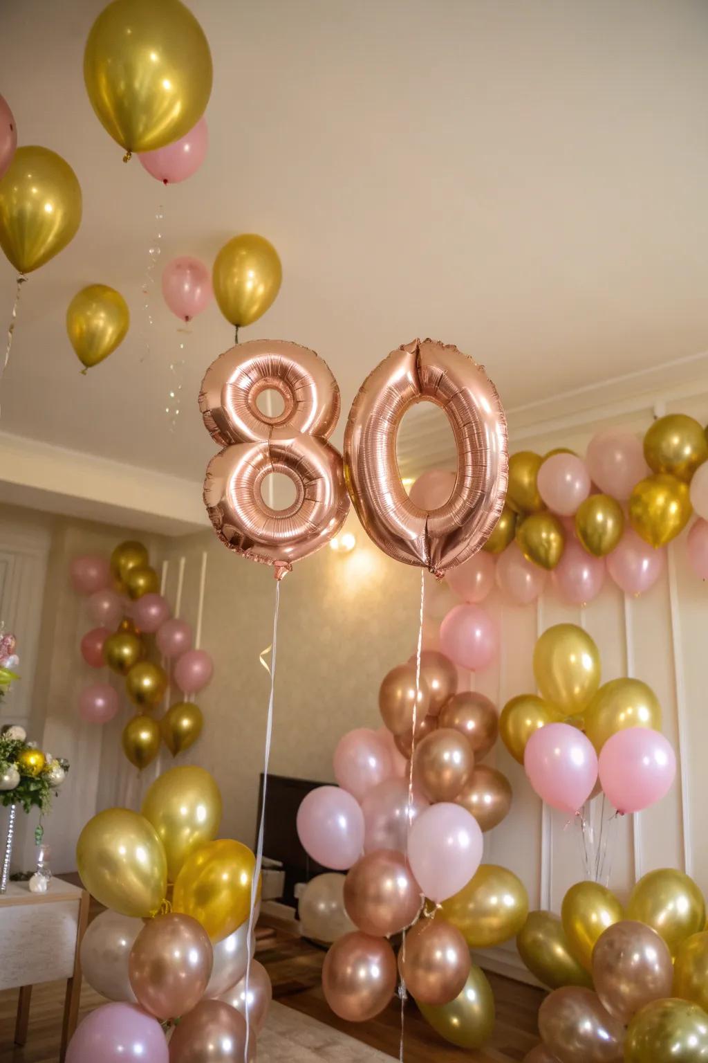 A space adorned with balloons in gold and rose shades, commemorating 80 years.