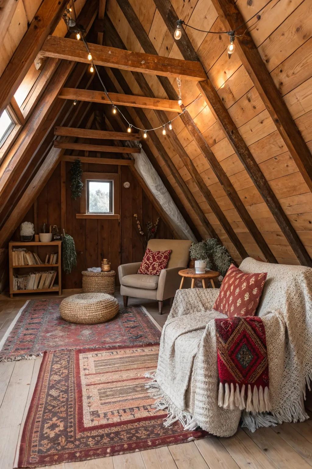 Visible wooden beams bestow a rustic appeal onto your attic space.