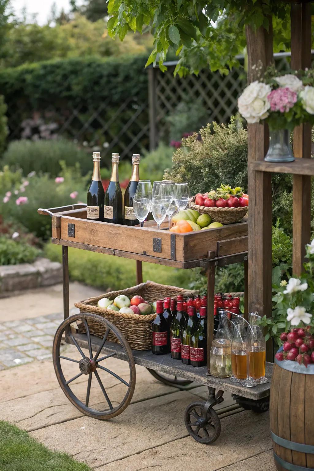 A vintage garden trolley acts as a captivating bar at a garden gathering.